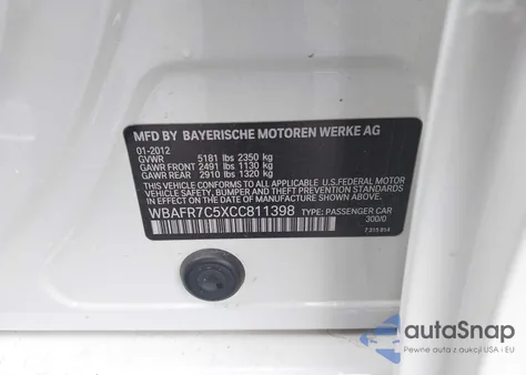 2012 BMW 535I из США, поврежденный, VIN WBAFR7C5XCC811398